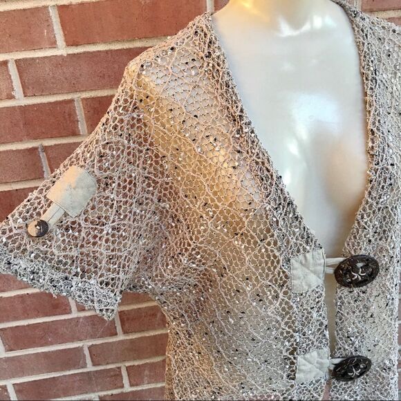 Mirror Image Open Knit Crochet Bold Button Cardi - Picture 7 of 9